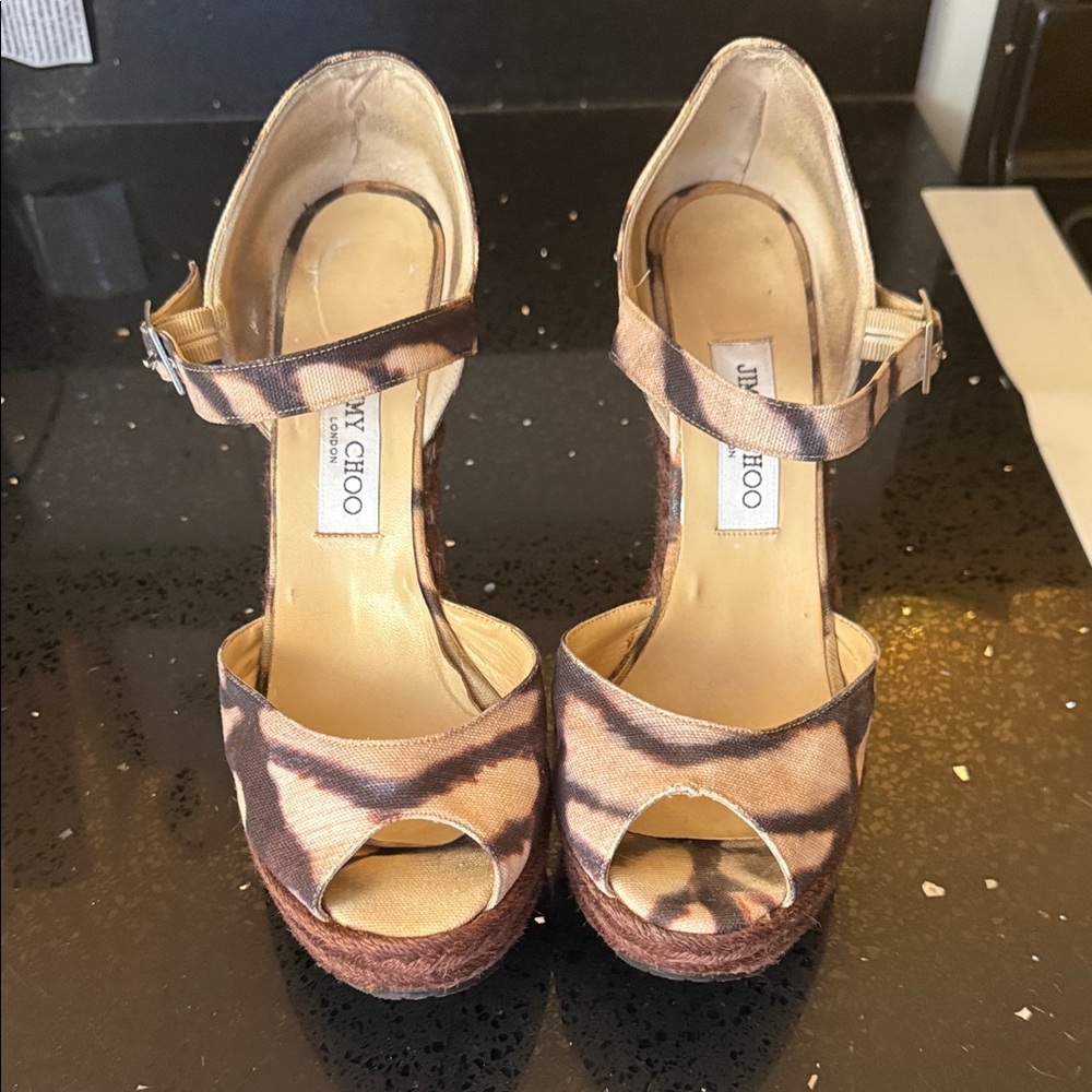 Jimmy Choo Tan and Brown Peep-Toe Wedges